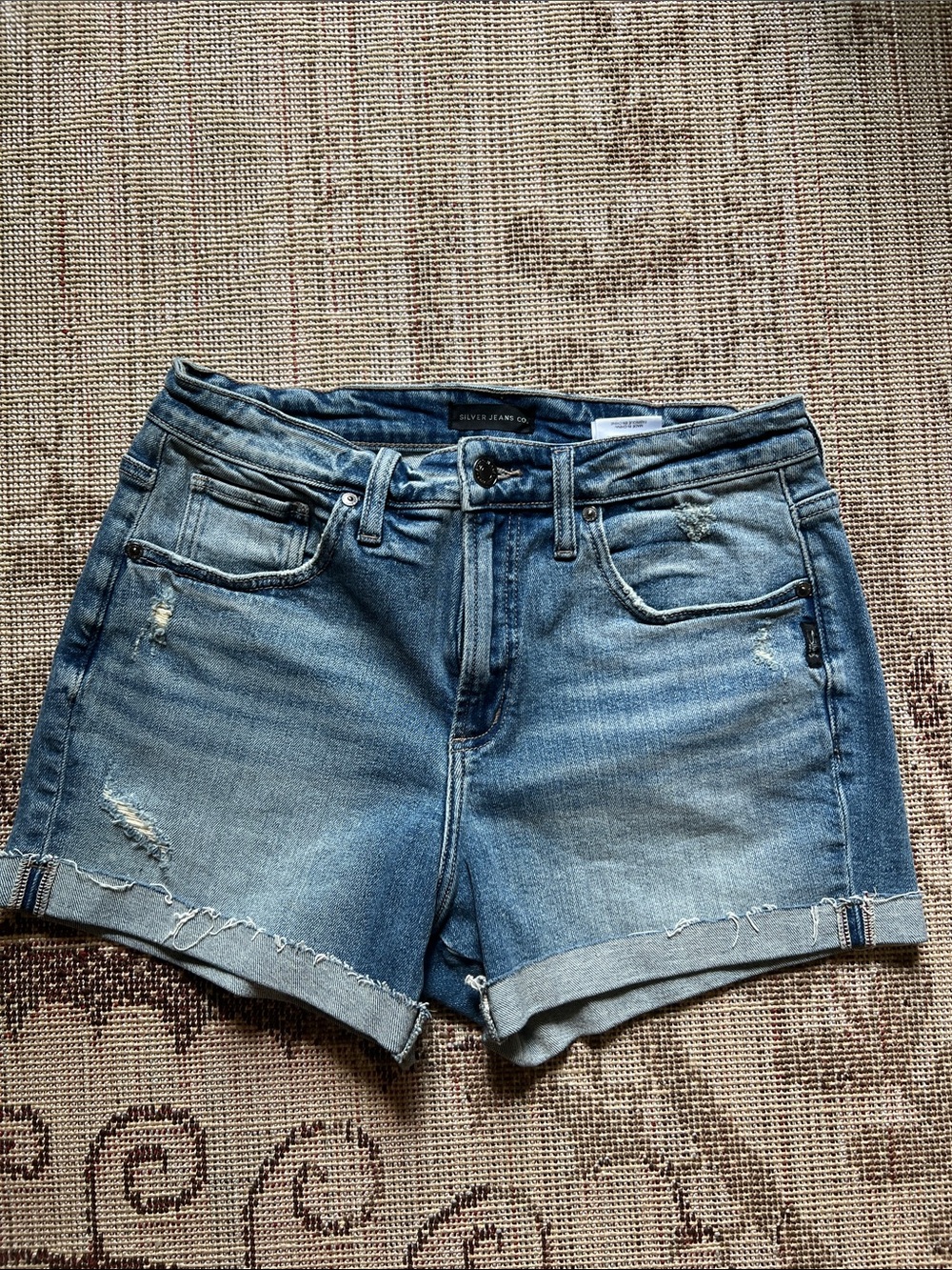 Silver Jeans Faded Blue Distressed Denim Shorts